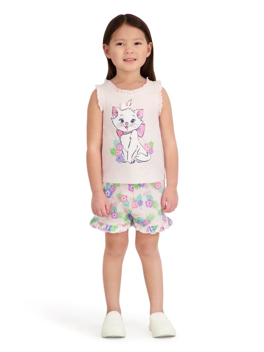 Disney Pink Kitten Graphic Tank & Floral Ruffle Shorts Set